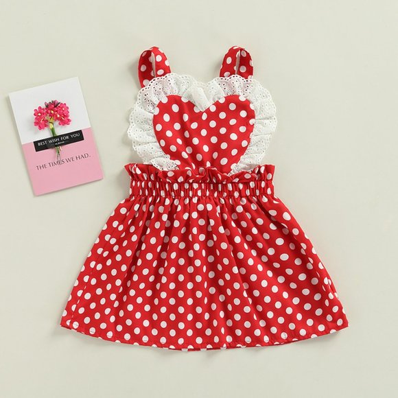 Valentine's Day Girls Red Lace Heart Polka Dot Sleeveless Dress - Picture 1 of 5